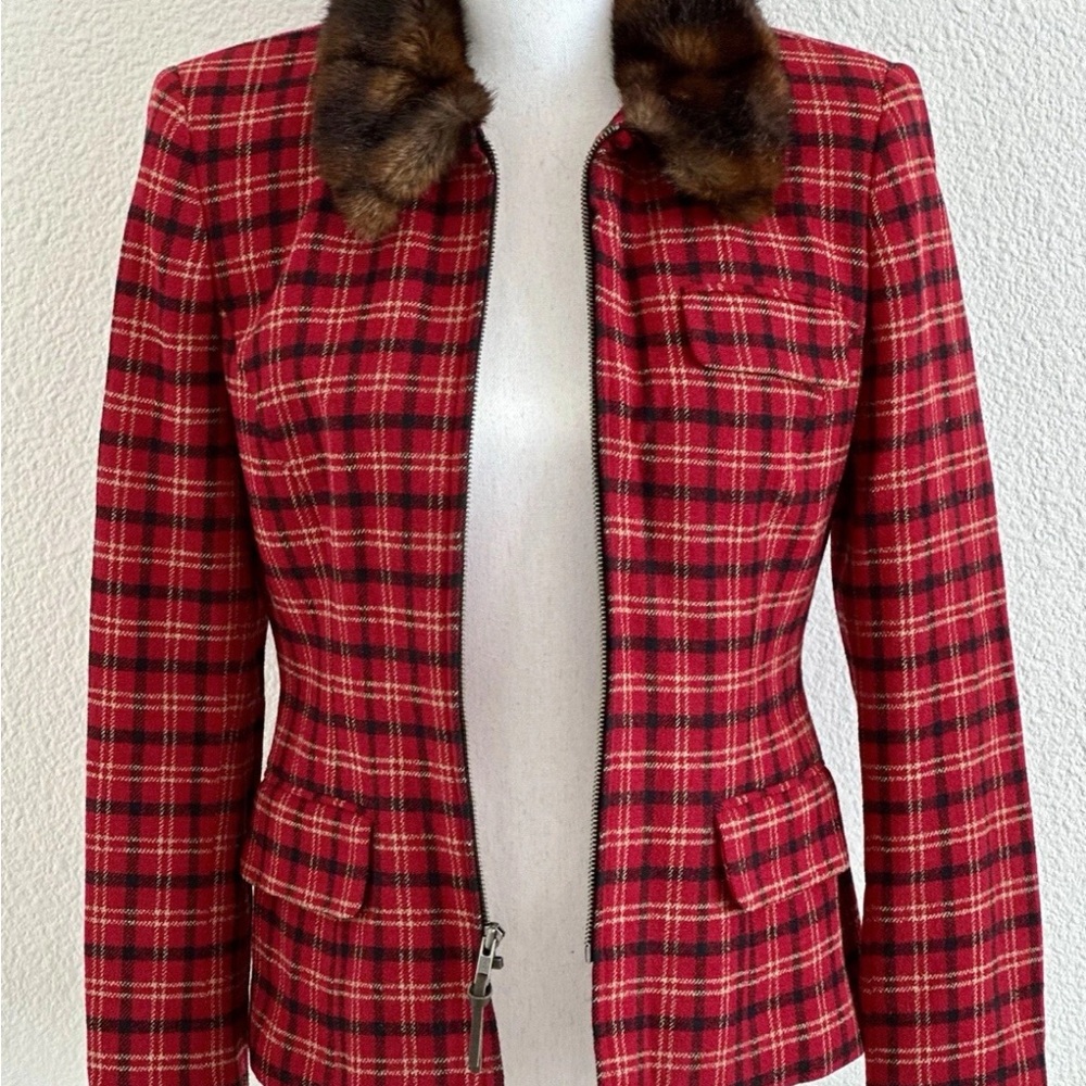 Lauren Ralph Lauren Red Plaid Blazer with Faux Fur Collar - Picture 2 of 6